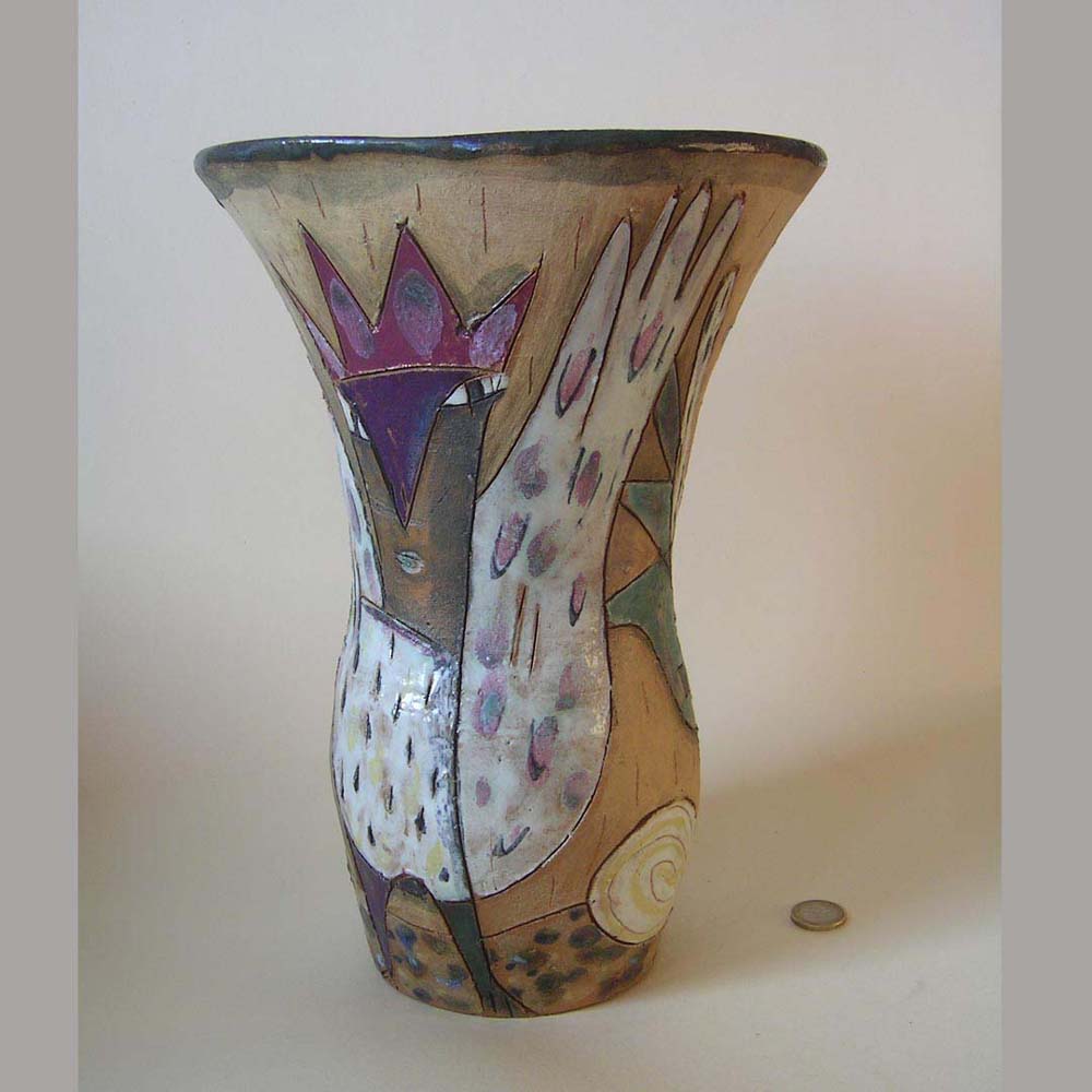 Vase mit Hahn und Huhn - Steinzeug - Unikat von Eckart Meisel